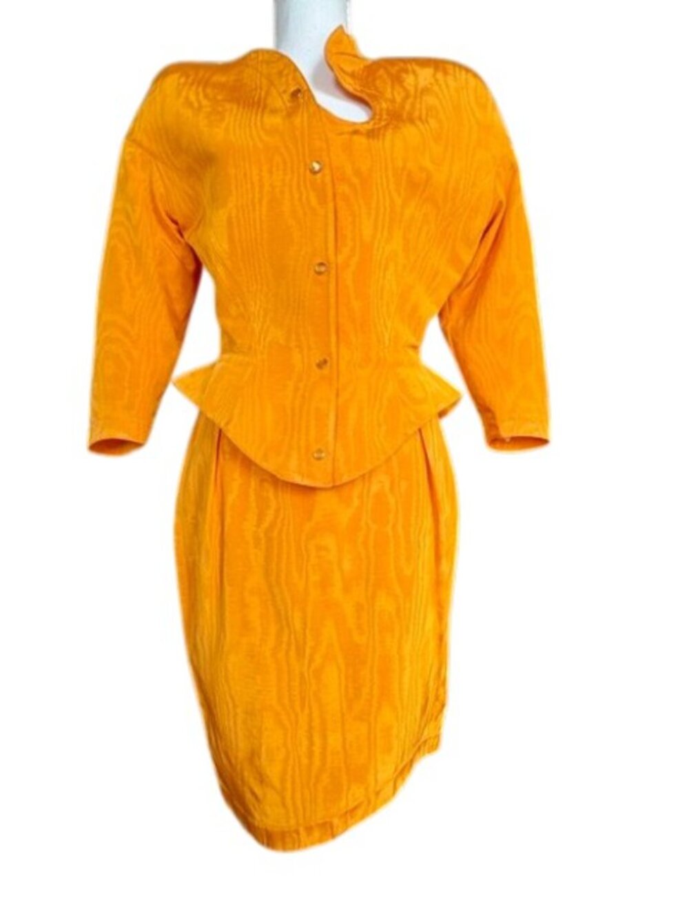 Archival Thierry Mugler Paris Blue Label Moire Skirt Suit c. 1990 Comma Cutout